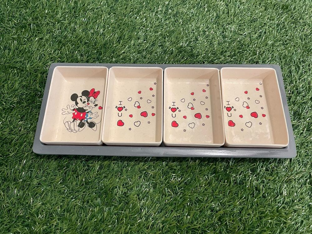 Disney Mickey Minnie Bamboo Serving Tray Set 4 Dishes Appetizer Snack Valentine